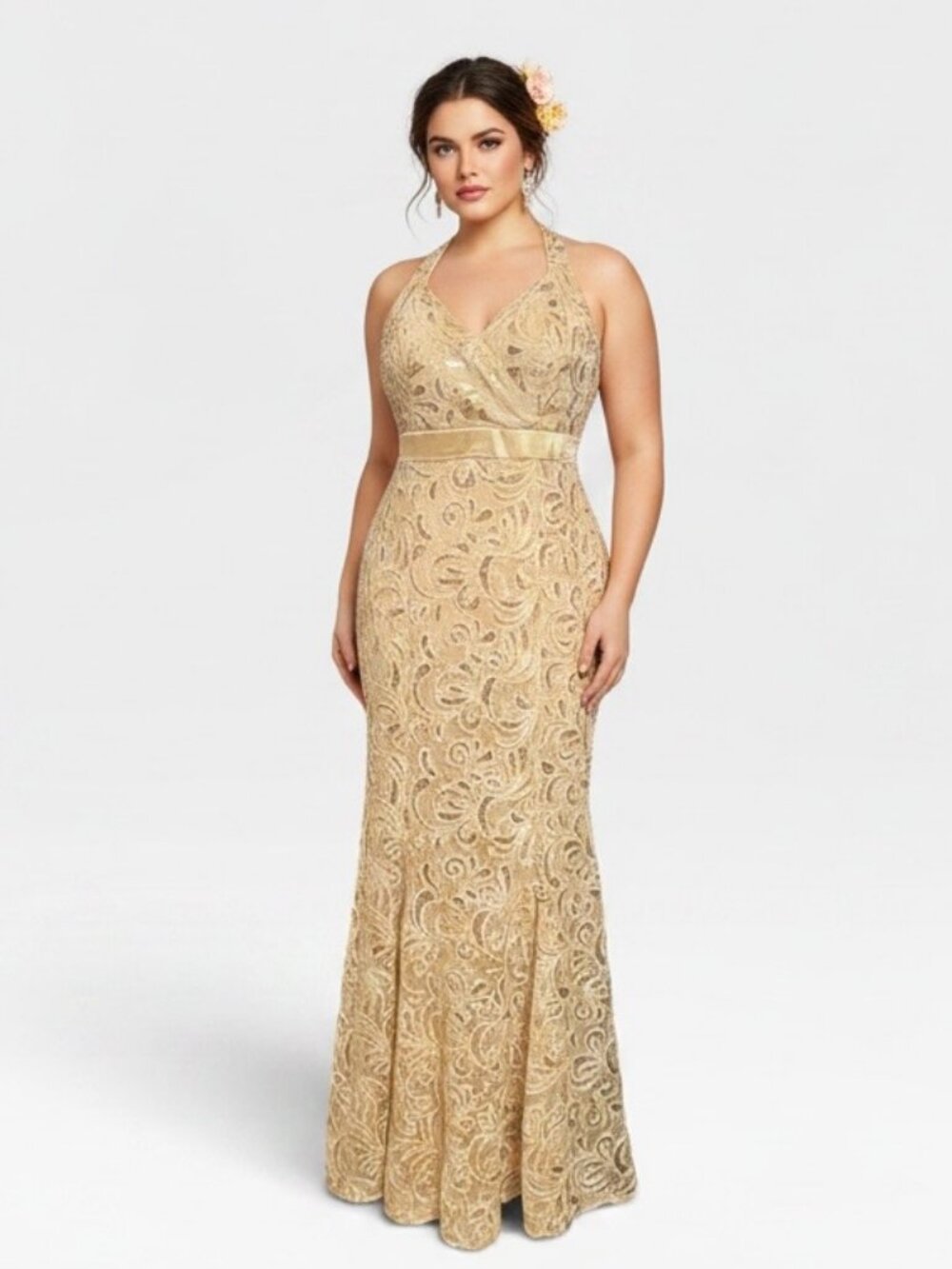 Juno Sequin Lace Halter Maxi Dress M Champagne Gold Fairy Prom Gown Fairytale